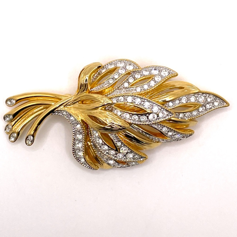 Nolan Miller Rhinestone Leaf Brooch Signed Gold Tone